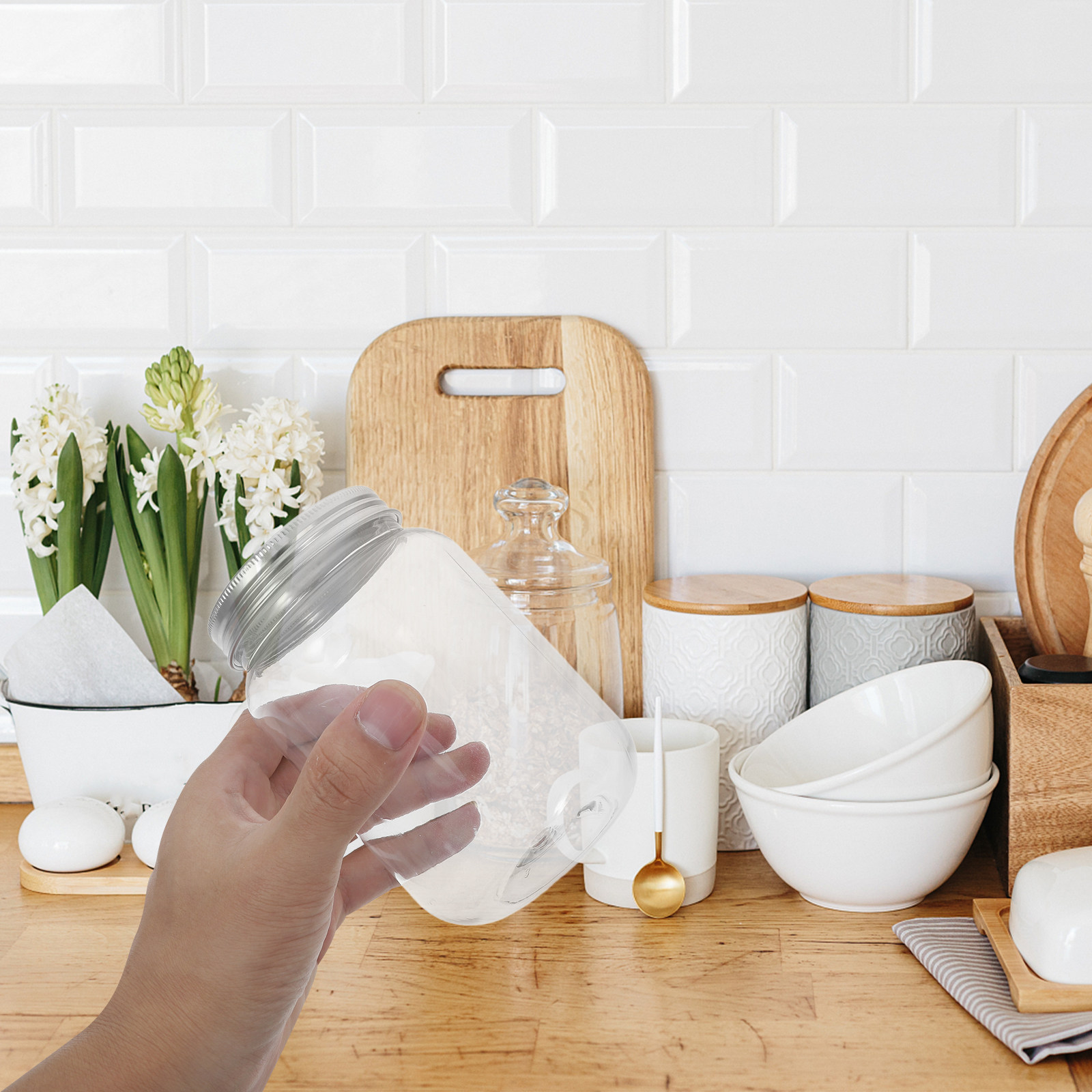 Food Storage Kitchen - 4개의 투명 플라스틱 병, 밀폐 뚜껑
