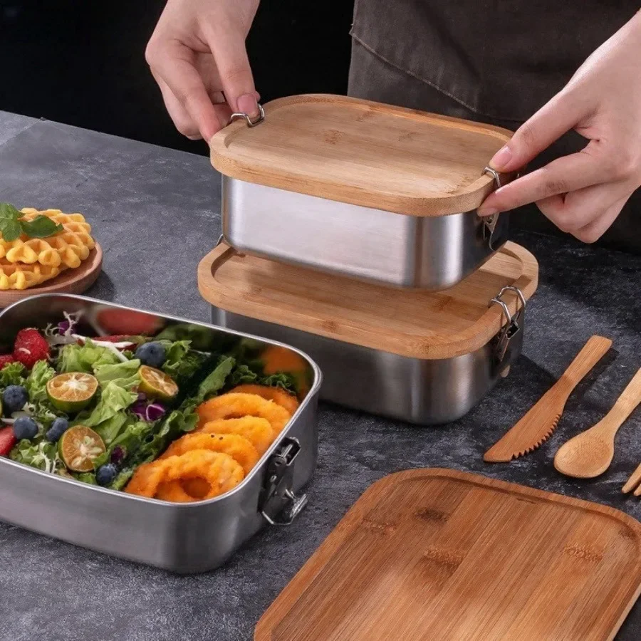 새로운 304 스테인리스 스틸 대나무 뚜껑 도시락, 일 - Food Storage Square Containers 리뷰 및 가격