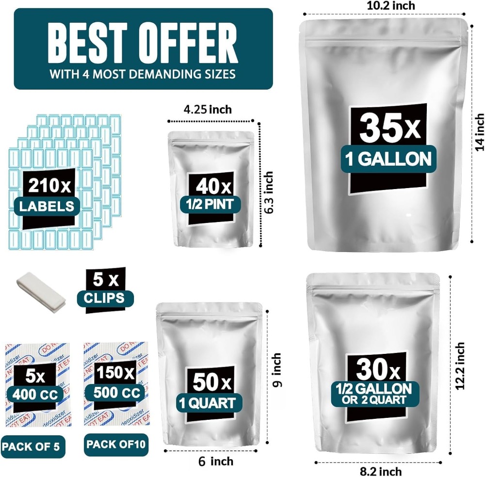 155개의 산소 흡수제가 포함된 155개의 마일라 백- - Food Storage Labels 리뷰 및 가격